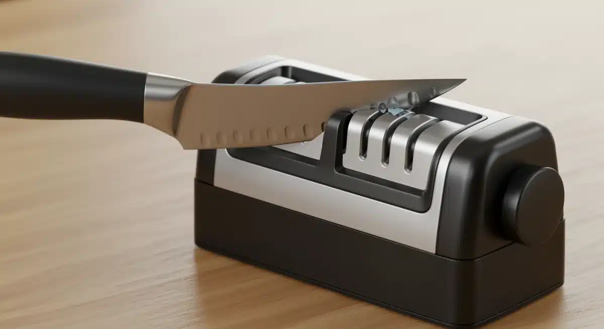 Afilador de cuchillos eléctrico moderno en uso