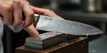 Chef afilando un cuchillo de cocina con una piedra de afilar húmeda, mostrando técnica profesional.