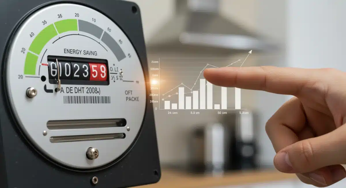 Medidor de energía mostrando un ahorro significativo, ilustrando la reducción del consumo eléctrico en el hogar.