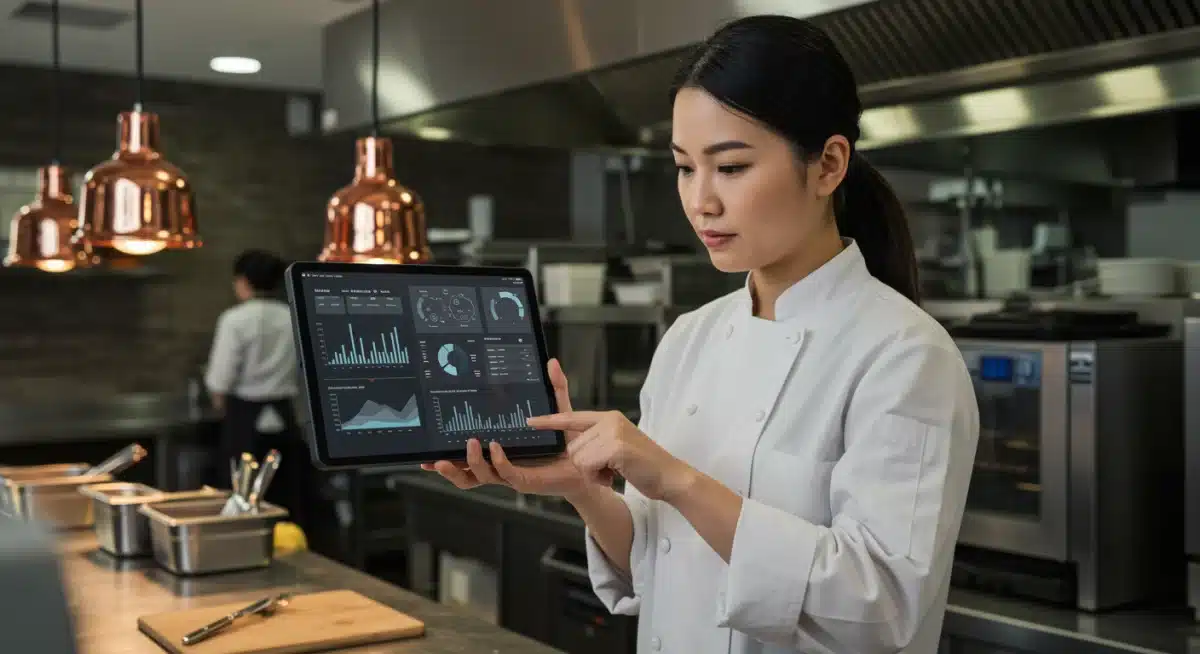 Restaurant manager monitoring AI-powered operational dashboard