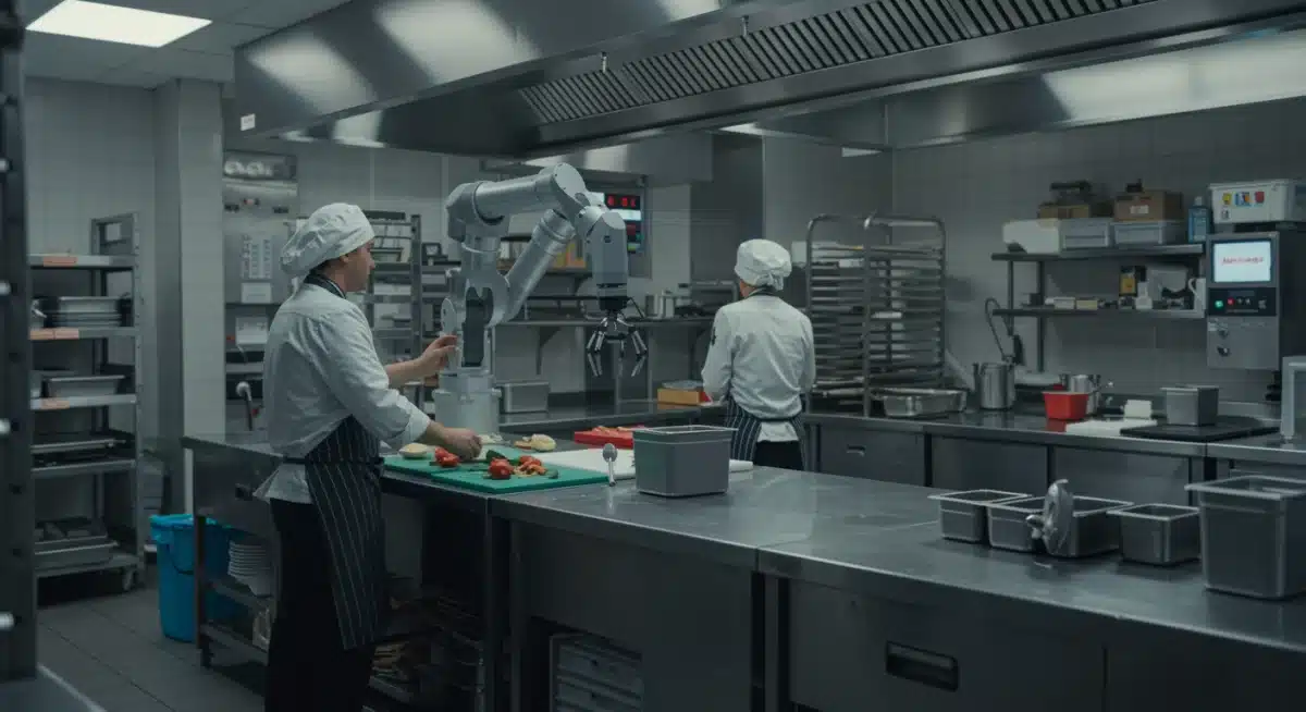 AI robot assisting in a commercial restaurant kitchen for efficiency