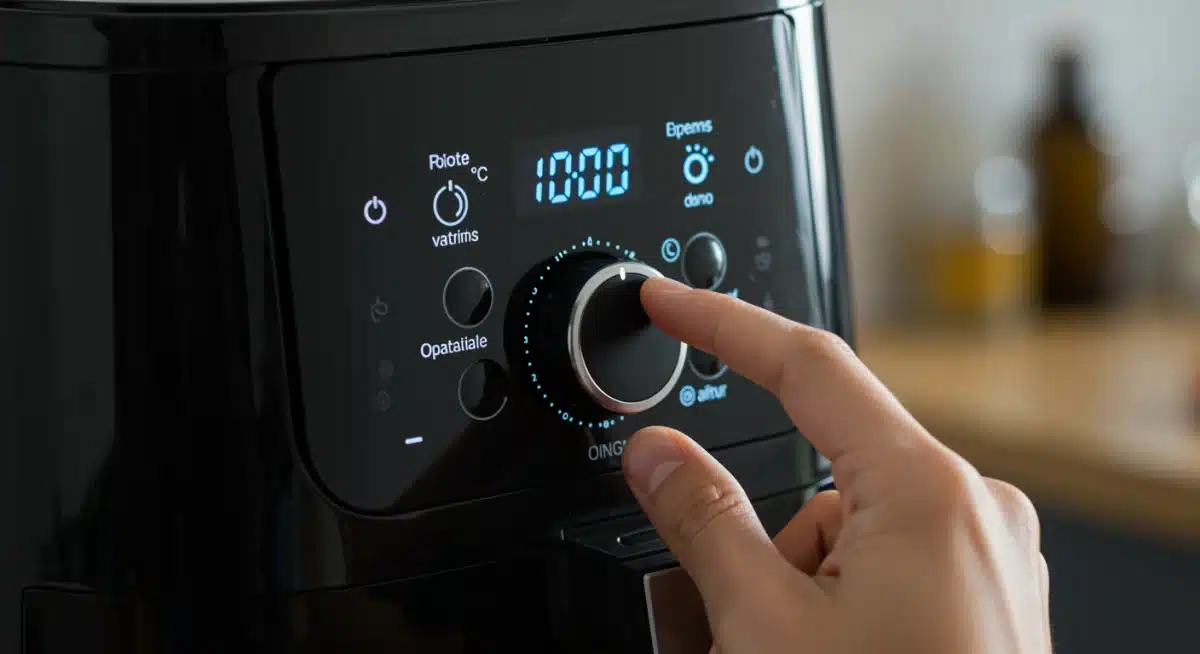 Mano ajustando los controles digitales de una freidora de aire, optimizando temperatura y tiempo para eficiencia energética.