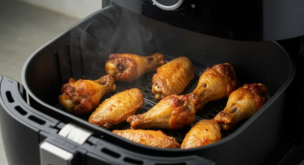 Alas de pollo crujientes y doradas cocinadas en una freidora de aire.