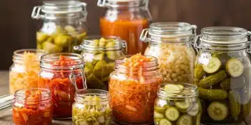 Frascos de alimentos fermentados como kimchi, chucrut y kombucha en una mesa de madera.