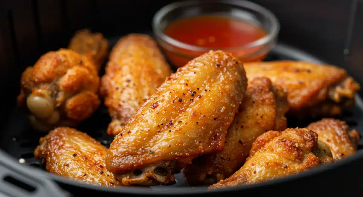 Alitas de pollo crujientes y doradas cocinadas en freidora de aire, mostrando resultados perfectos y bajo en grasa.