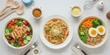 Três pratos de almoço rápido e saudável, prontos em 15 minutos, dispostos em uma mesa moderna.