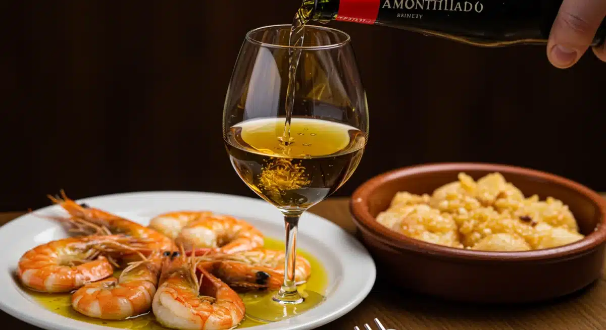 Copa de Amontillado junto a un plato de gambas al ajillo, destacando el maridaje.