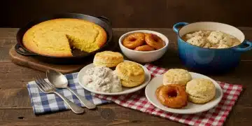 Rustic Appalachian food spread with cornbread, biscuits, gravy, fried apples, and chicken and dumplings.