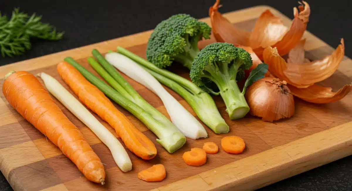 Restos de vegetais como talos de brócolis e cascas de cenoura sendo preparados para caldo, ilustrando o aproveitamento integral.