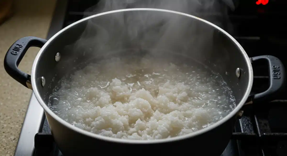 Olla con arroz hirviendo suavemente en la estufa, con vapor ascendiendo.