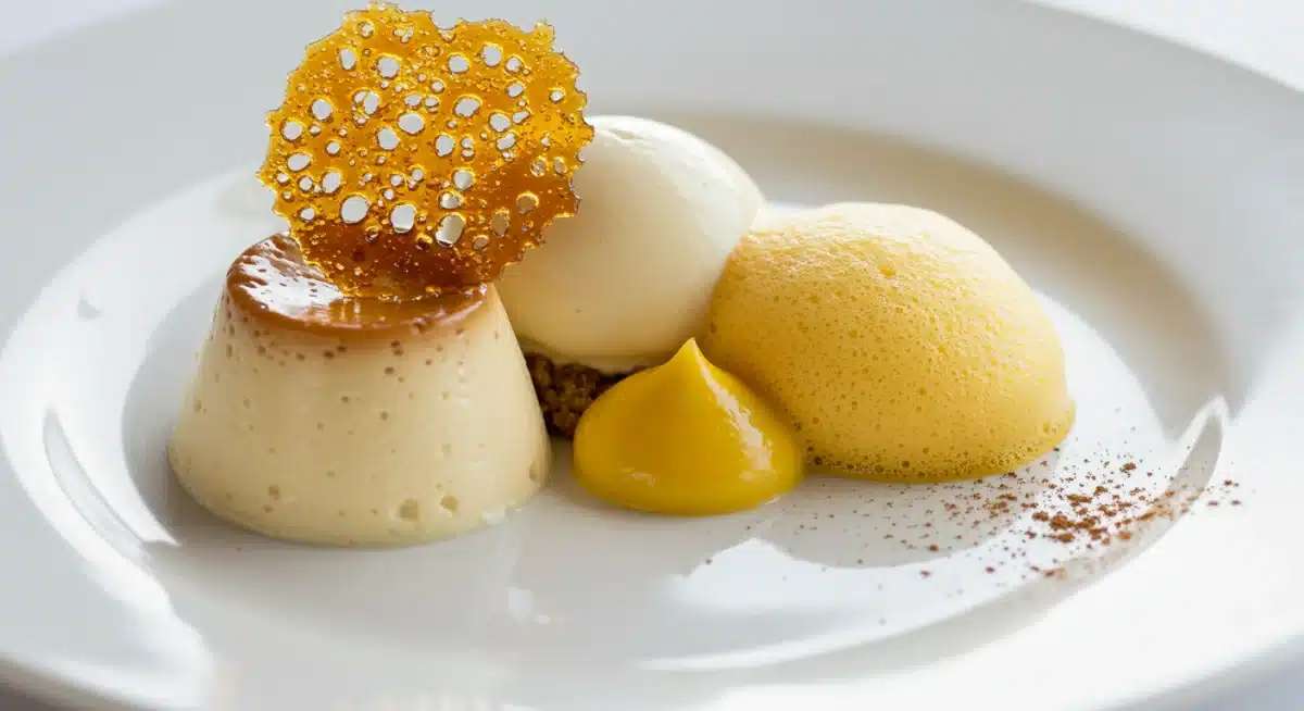 Primer plano de un arroz con leche deconstruido con esferas cremosas y espuma de mango