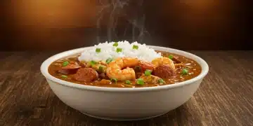 Authentic Creole Gumbo with shrimp, chicken, sausage, and rice