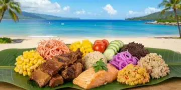 Authentic Hawaiian Plate Lunch with kalua pig and traditional sides