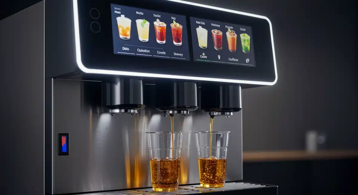 Automated beverage dispenser serving drinks in a modern cafe setting, enhancing customer experience.
