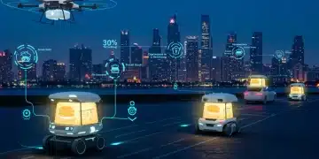Autonomous food delivery vehicles in a futuristic city, symbolizing rapid and efficient service by 2026.