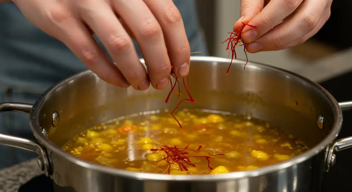 Azafrán de alta calidad añadiéndose al caldo de la paella para un sabor auténtico.