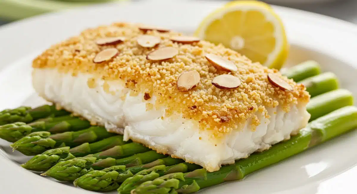 Bacalao crujiente con costra de almendras y espárragos verdes