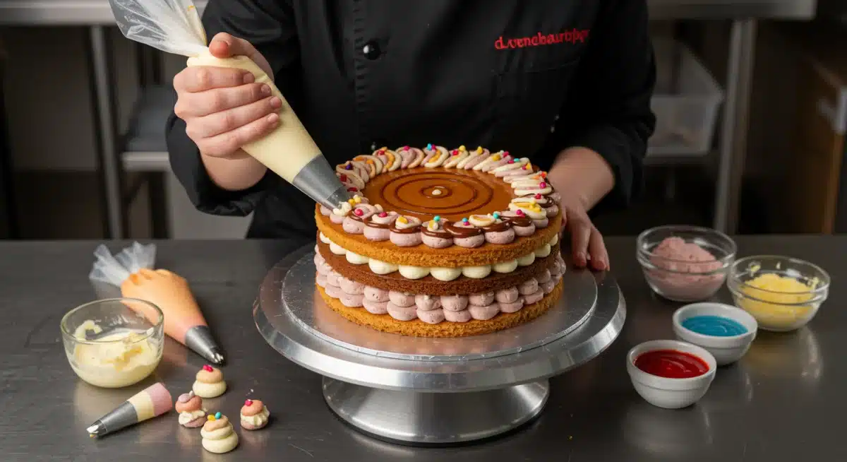 Baker decorating a cake with high-precision piping tools