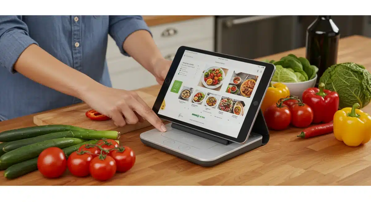 Persona usando una báscula de cocina inteligente conectada a una tablet para seguir una receta y ver información nutricional.
