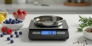 Báscula de cocina digital de alta precisión mostrando 1 gramo, rodeada de ingredientes frescos.