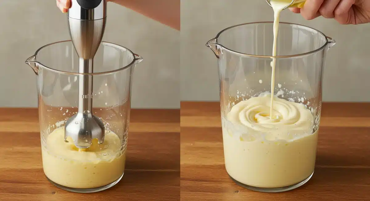 Preparación de mayonesa con batidora de inmersión, mostrando la emulsión formándose.