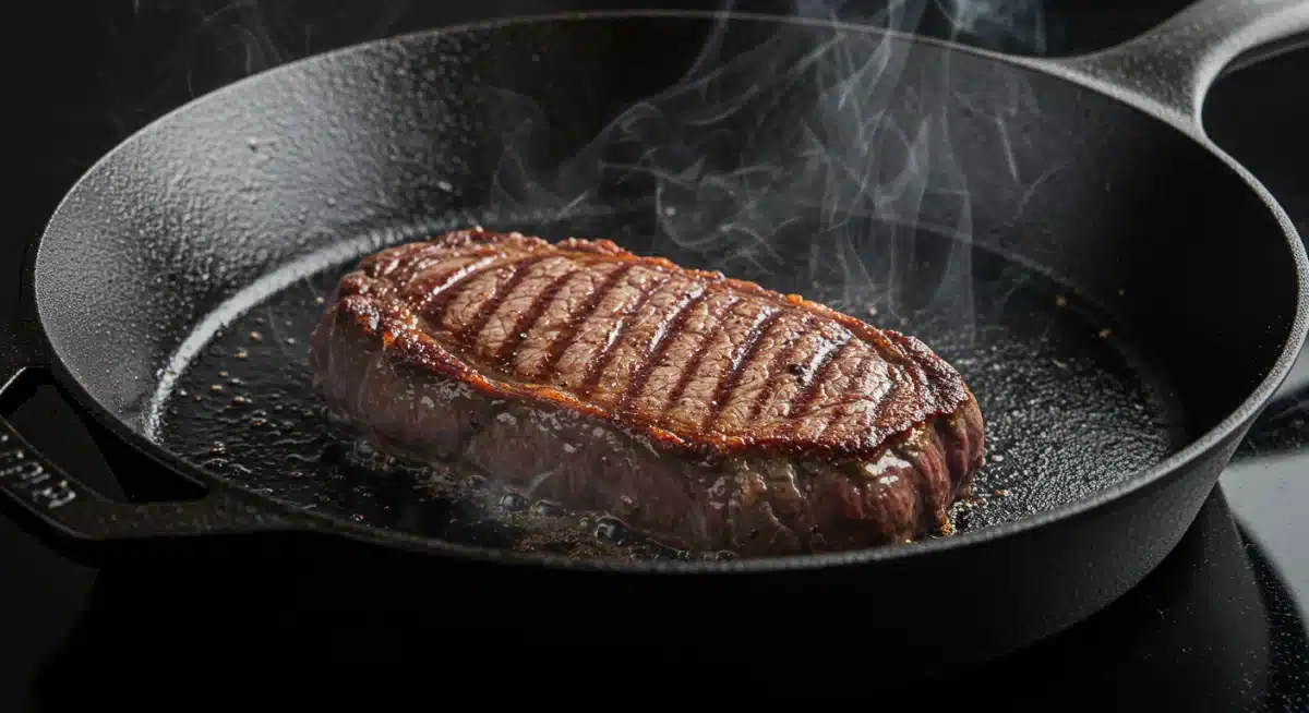 Bife sendo selado em uma frigideira de ferro fundido, destacando a retenção de calor do material.