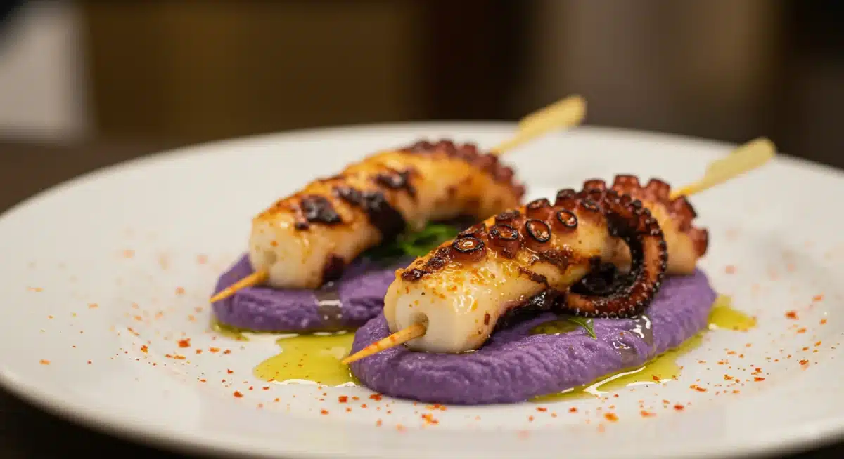 Mini brochetas de pulpo a la brasa con crema de patata morada, una tapa gourmet.