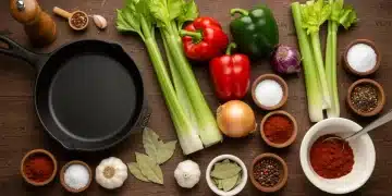 Ingredients for Cajun and Creole cooking, including roux, holy trinity, and spices, laid out on a rustic table.