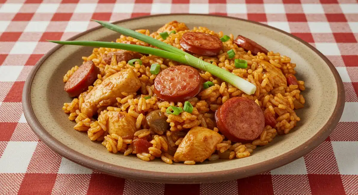 Hearty plate of traditional Cajun Jambalaya with sausage and chicken.