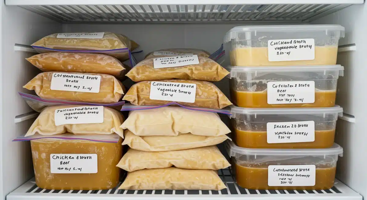 Variedad de caldos caseros congelados y etiquetados en bolsas y recipientes dentro de un congelador.