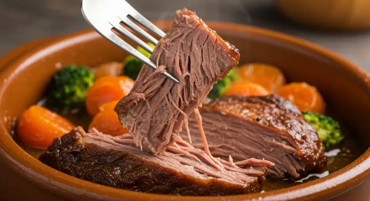 Detalle de carne tierna y jugosa de guiso cocinado con técnica sous vide.