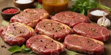 Variedad de carnes marinándose con hierbas frescas y especias, preparadas para una cocción perfecta.