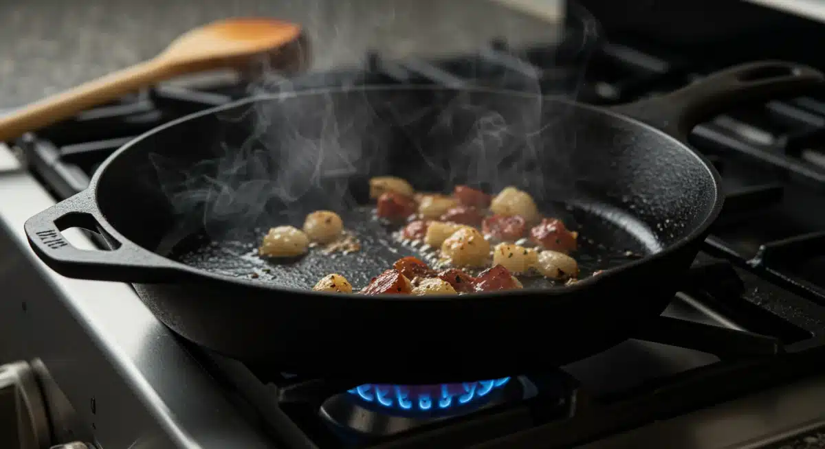 Seasoned cast iron skillet cooking on a stovetop