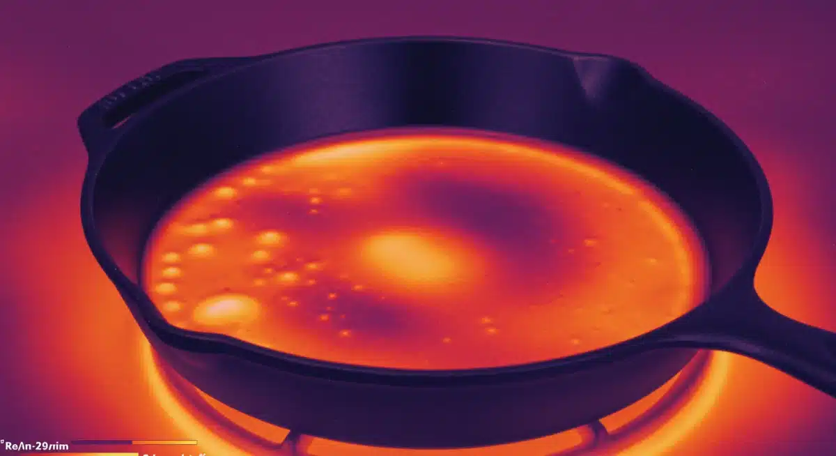 Infrared thermal image of heat distribution in a cast iron skillet, demonstrating excellent heat retention.
