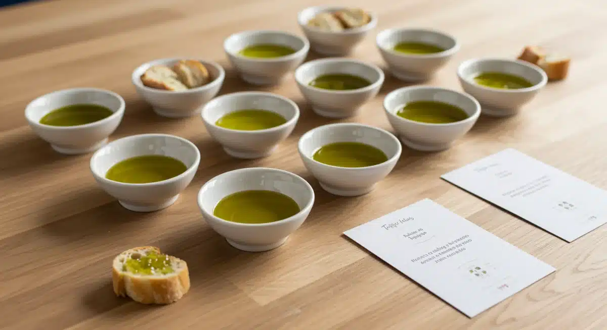 Mesa de cata con diferentes aceites de oliva españoles y pan, para apreciar sus matices y sabores.