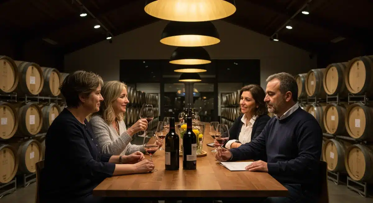 Sala de cata de vinos elegante en una bodega española moderna, con barriles de roble y un sommelier sirviendo vino tinto.