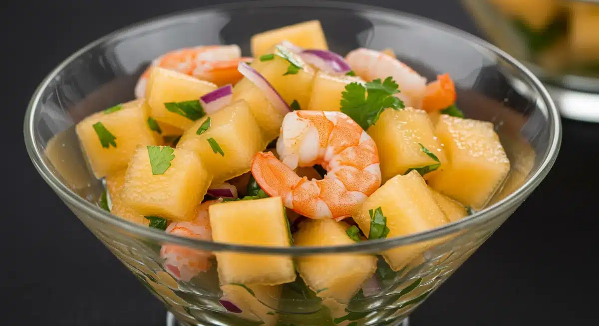 Ceviche de melón con langostinos, una tapa fresca y exótica de verano.