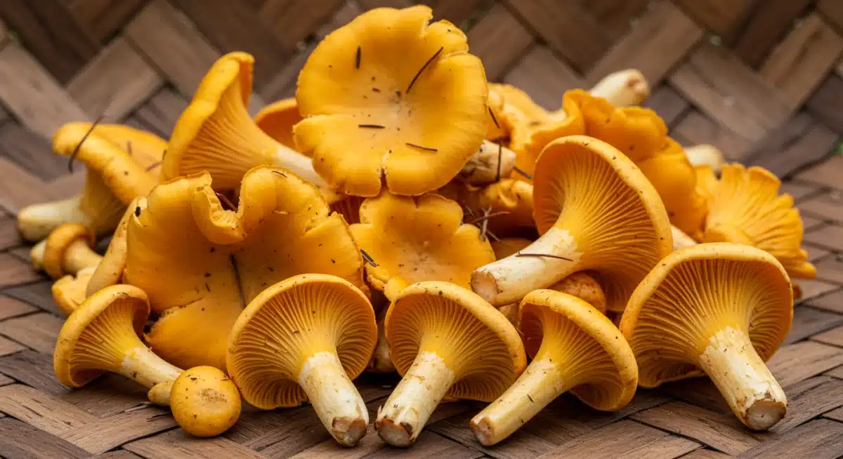 Freshly harvested golden chanterelle mushrooms in a wooden basket