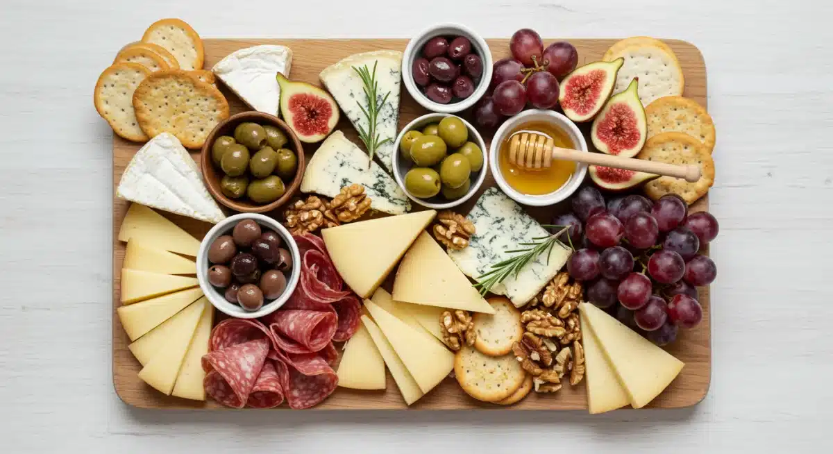 Charcuterie board with diverse cheeses, meats, fruits, and nuts for flavor exploration