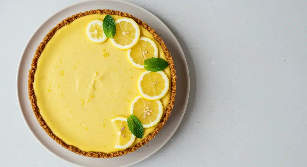 Cheesecake de limão vegano com crosta de amêndoas e decoração de frutas frescas