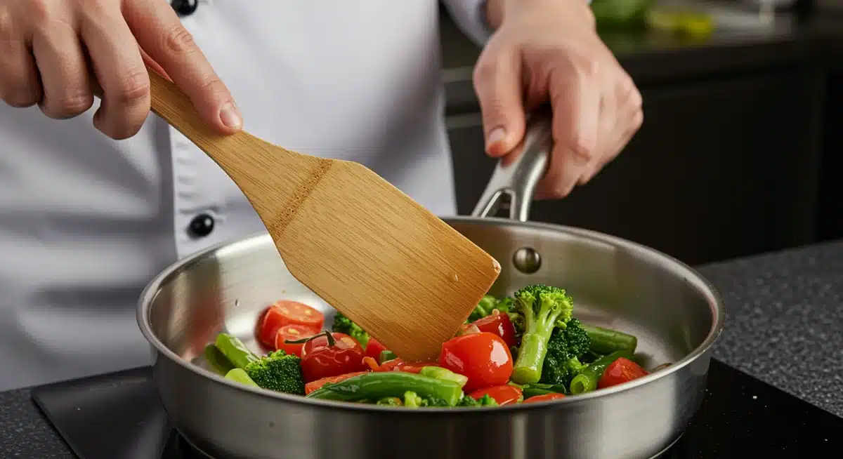 Chef utilizando espátula de bambú para cocinar en la sartén