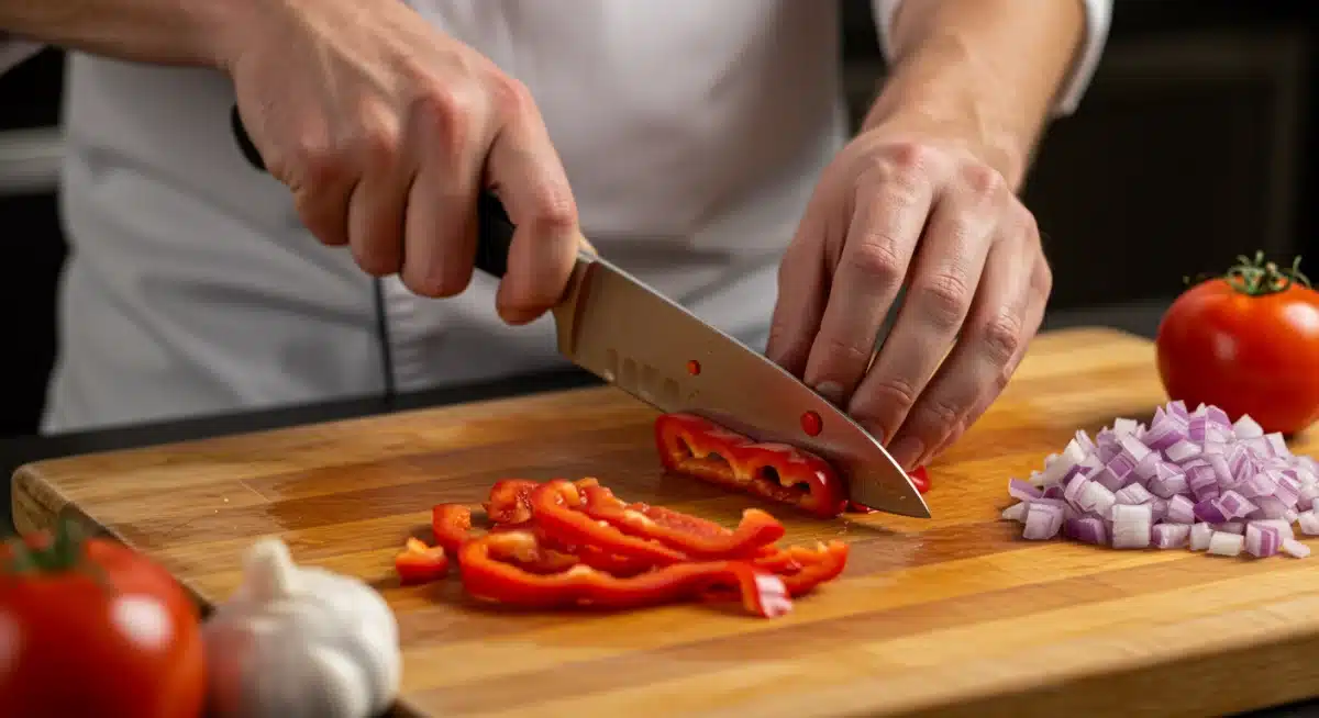 Manos de chef cortando pimientos rojos frescos para sofrito.
