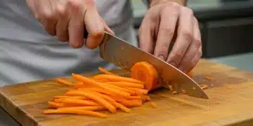 Chef realizando un corte juliana perfecto en una zanahoria con un cuchillo de chef afilado.