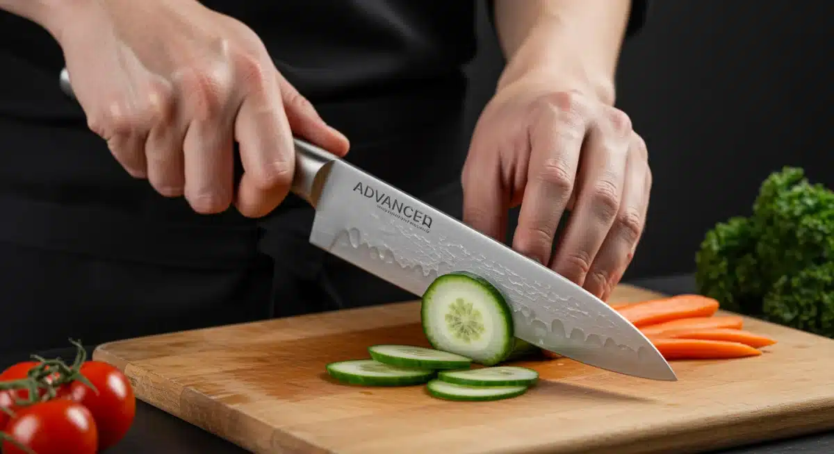 Chef cortando verduras delicadas con un cuchillo de cerámica avanzada, demostrando un corte limpio y preciso.