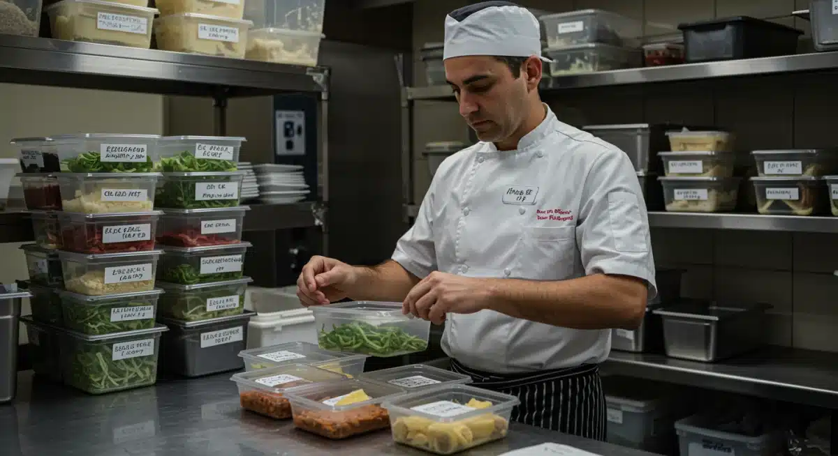 Chef etiquetando contenedores de ingredientes preparados para almacenamiento