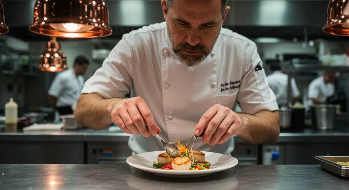Chef plating a fusion dish