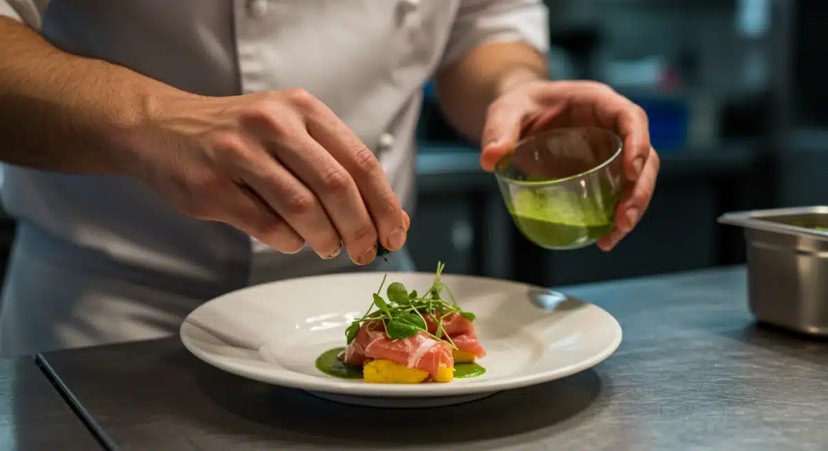 Chef añadiendo un ingrediente exótico a un plato español, mostrando precisión culinaria.