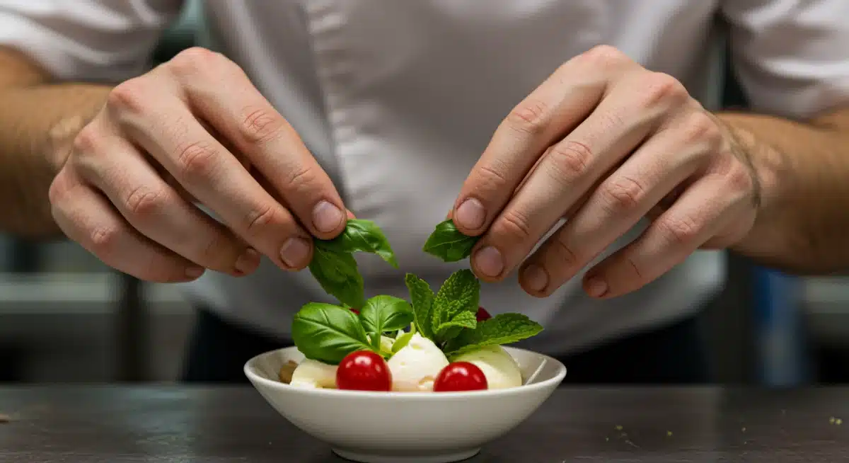 Chef adding fresh herbs to a dessert for innovative flavor pairing