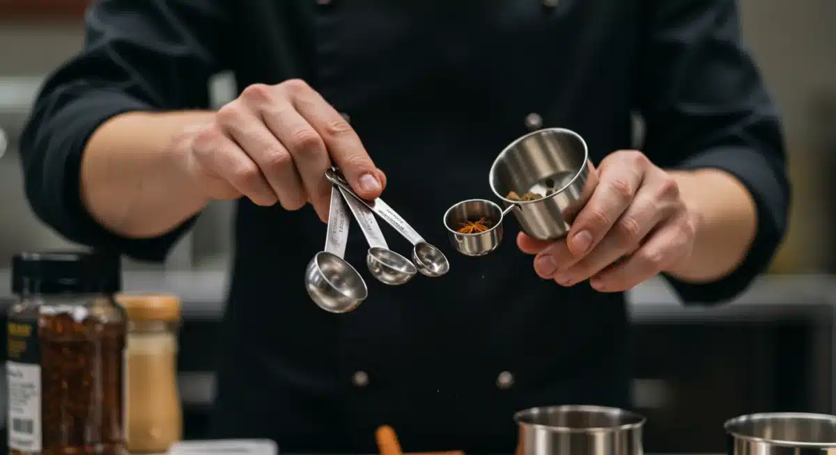 Chef measuring spices precisely, understanding recipe measurements