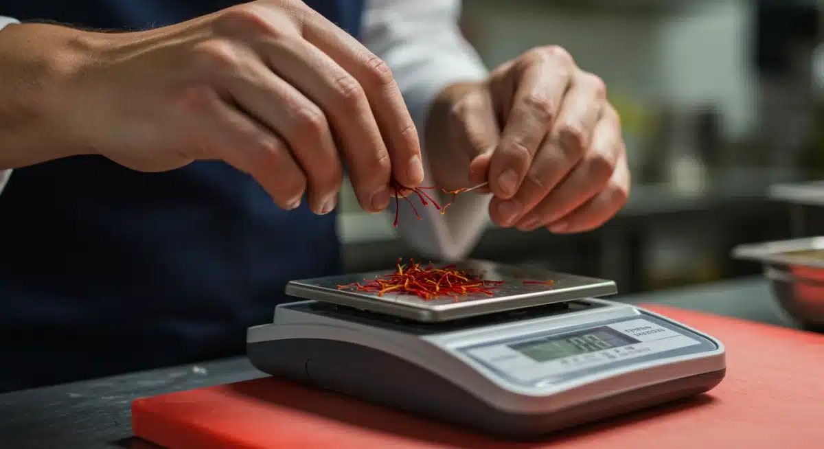 Chef utilizando una báscula de cocina para pesar ingredientes delicados con exactitud de un gramo.